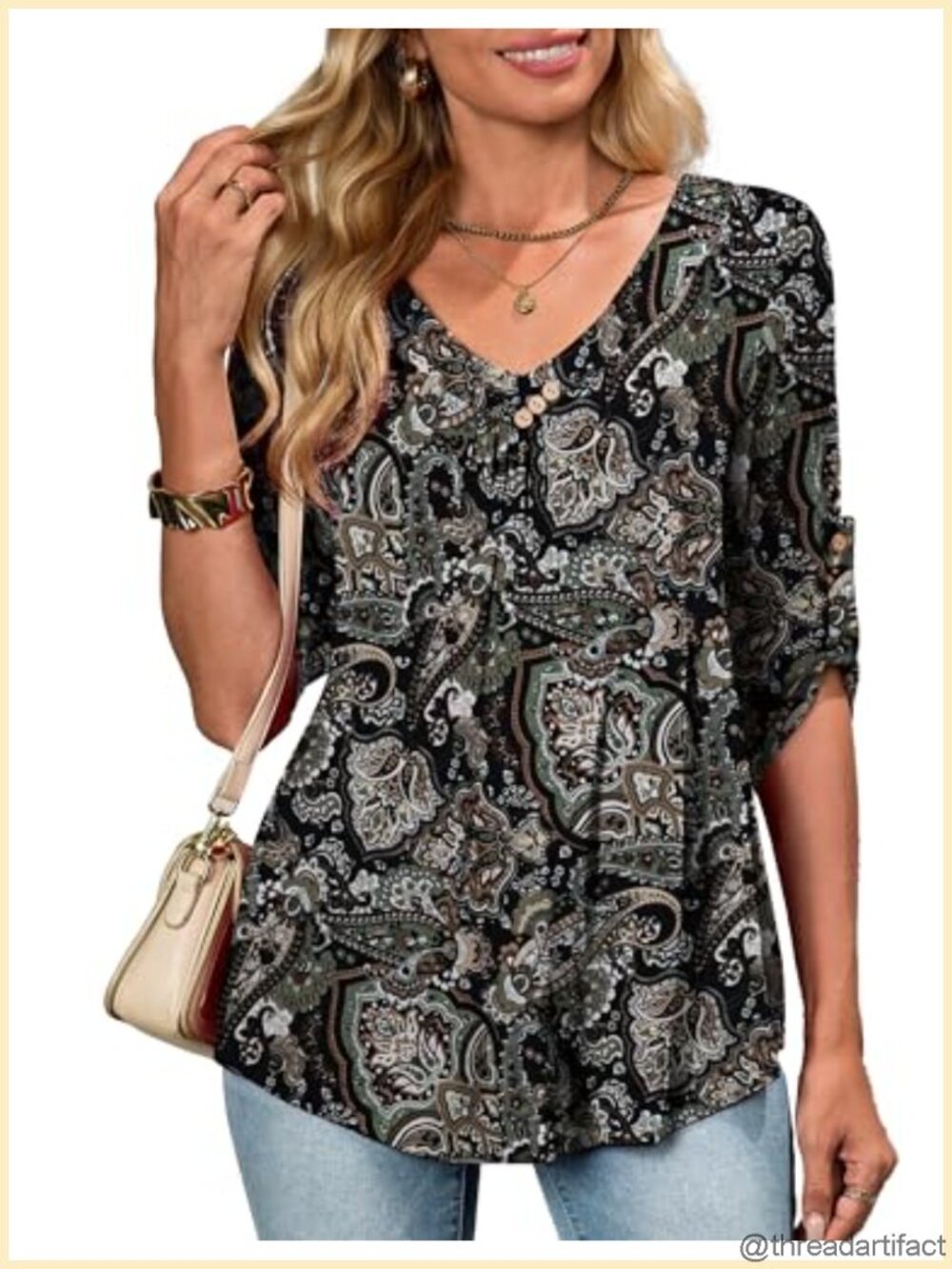 Plus Size 3/4 Roll Sleeve Tunic Top V Neck Polo Blouse
